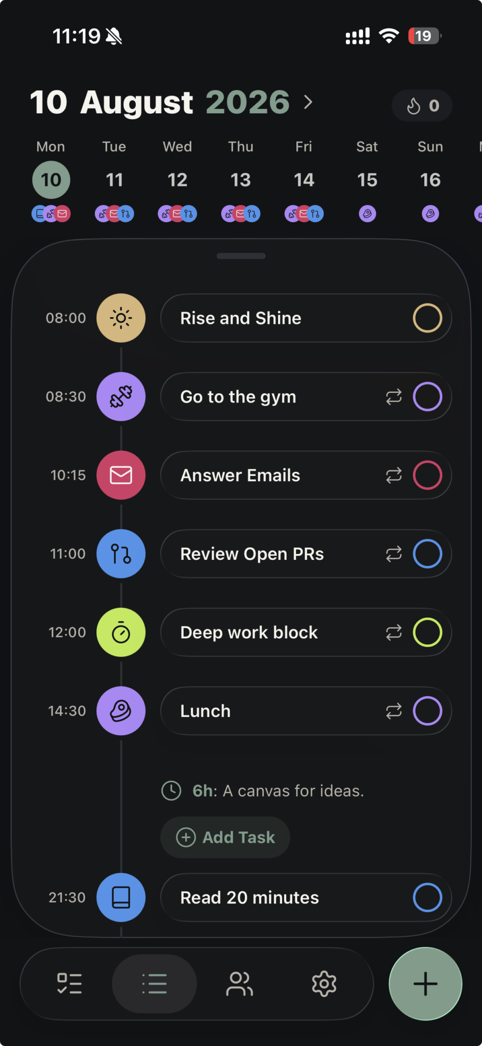 Planwise showing tasks, routines, and open time on the daily timeline
